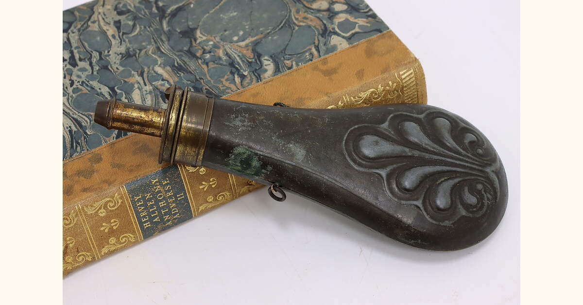 Powder Shot Flask Farmhouse Embossed Antique 1860s Antique Powder Shot Flask