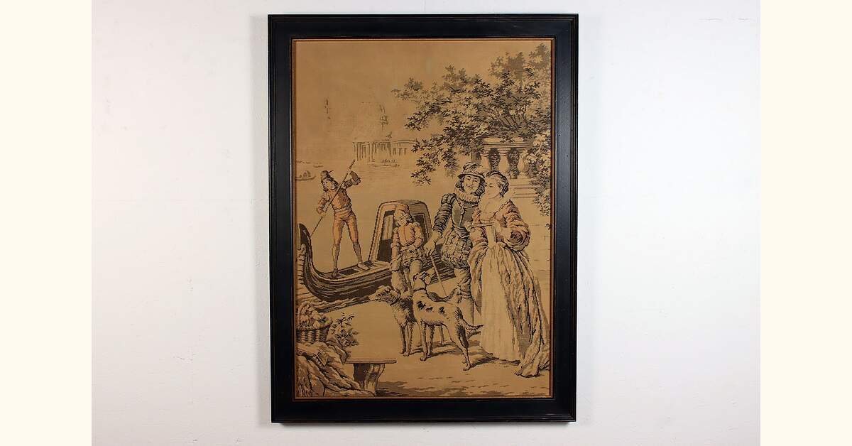 French Family, Dog & Gondola Framed Antique Tapestry 54.5