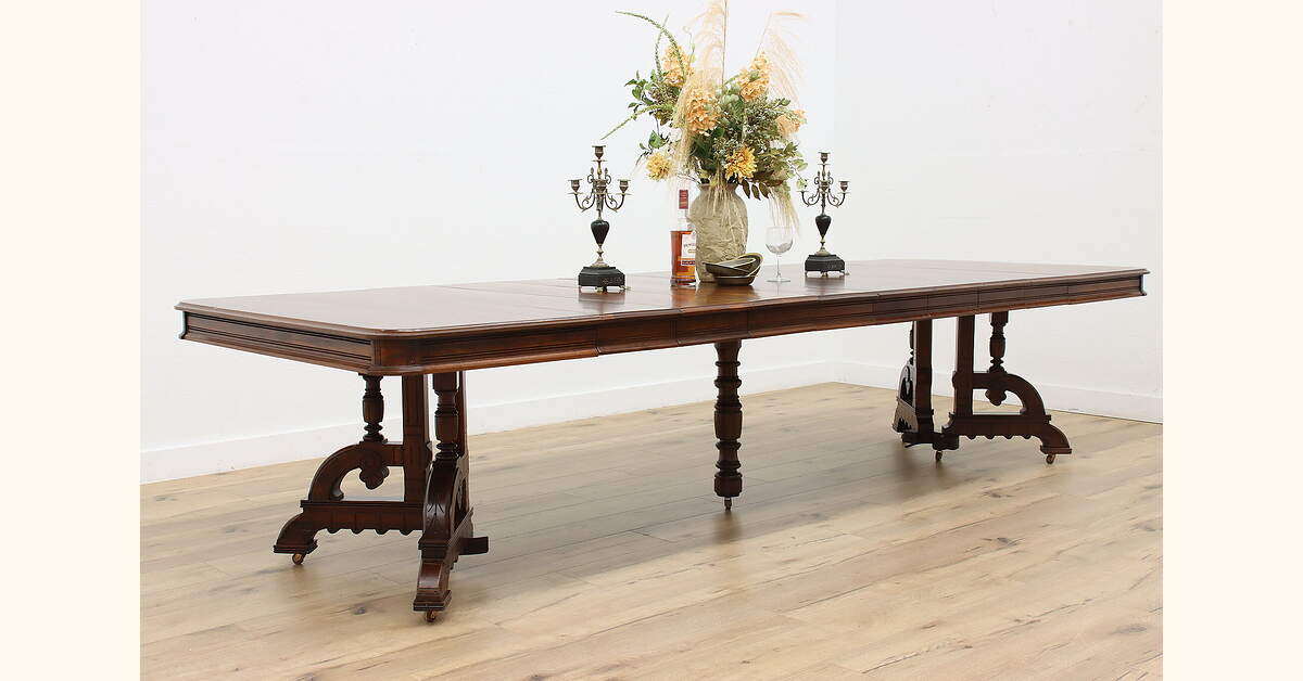 Victorian Eastlake Antique Walnut 4' Dining Table Opens 11'