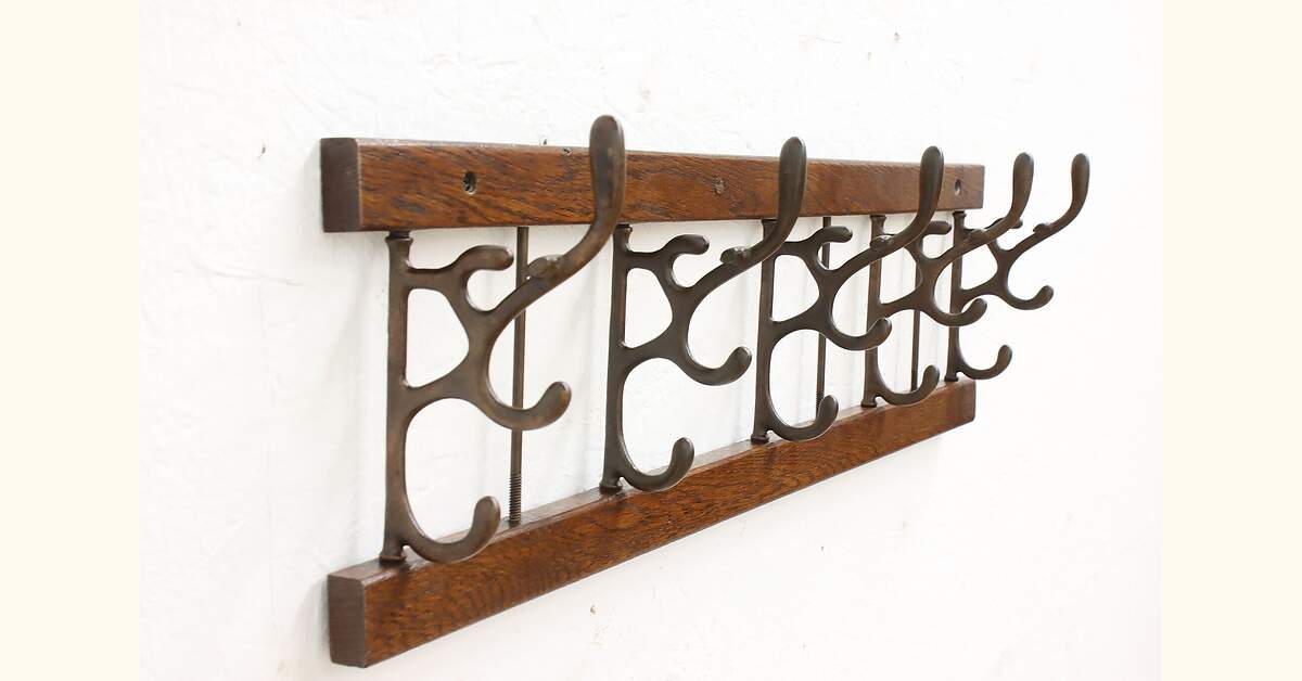 Victorian Farmhouse Antique Oak & Iron Hat & Coat Rack