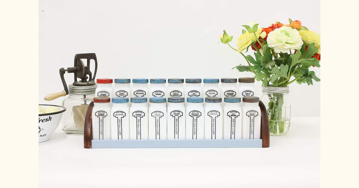 Set of 18 Vintage Farmhouse Spice Jars & Stand, Griffiths