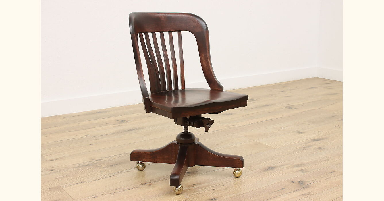Birch Antique Office or Library Desk Swivel Chair, BL Marble