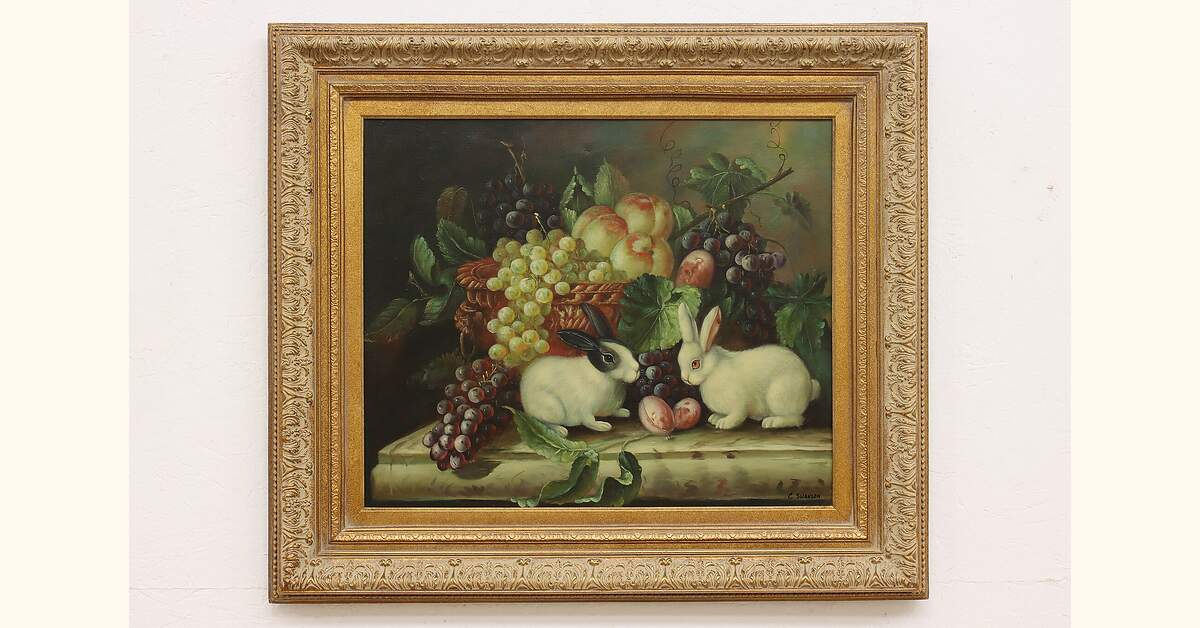 Rabbits Still Life Vintage Original Oil Painting Swanson 33