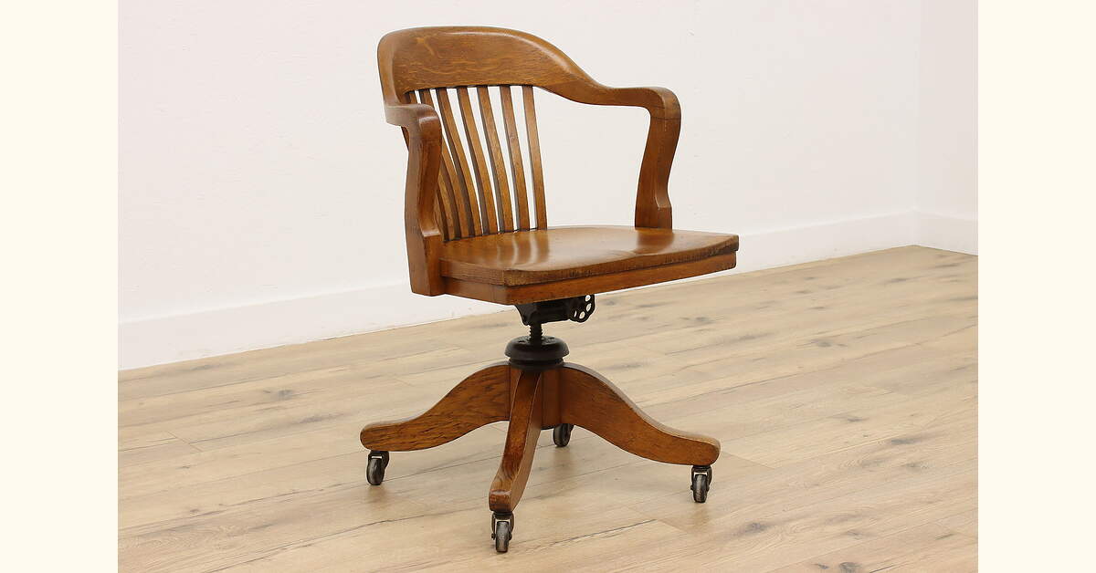 Traditional Antique Swivel Adjustable Oak Desk Chair, Marble