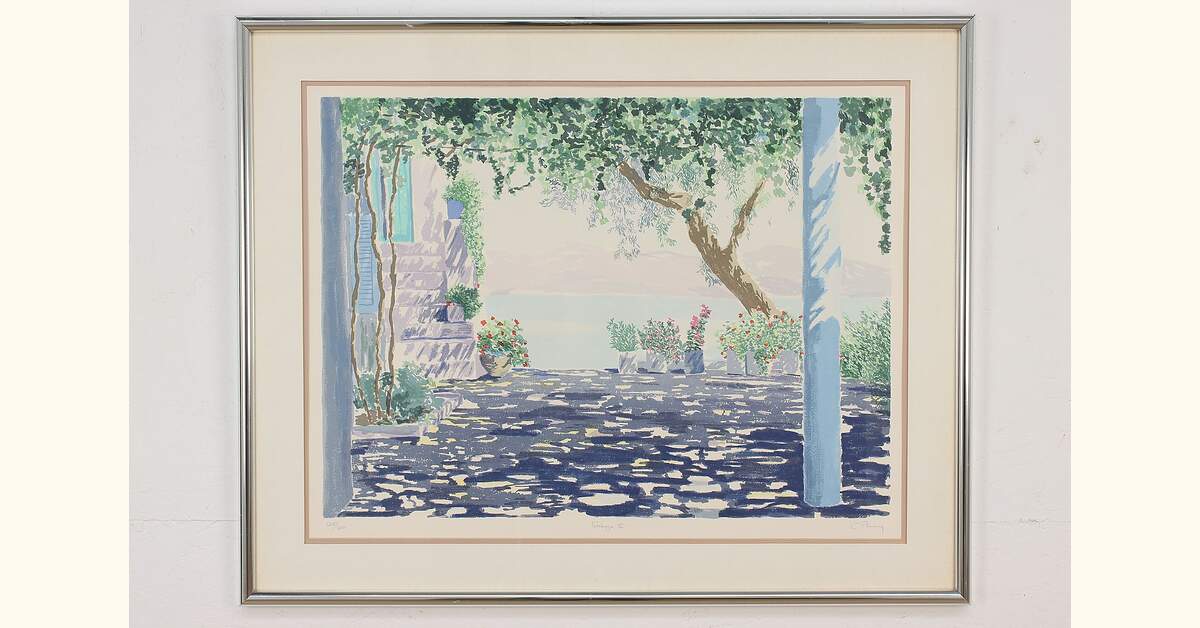 Italian Terrace & Lake Vintage Lithograph Print, Penny 38.5