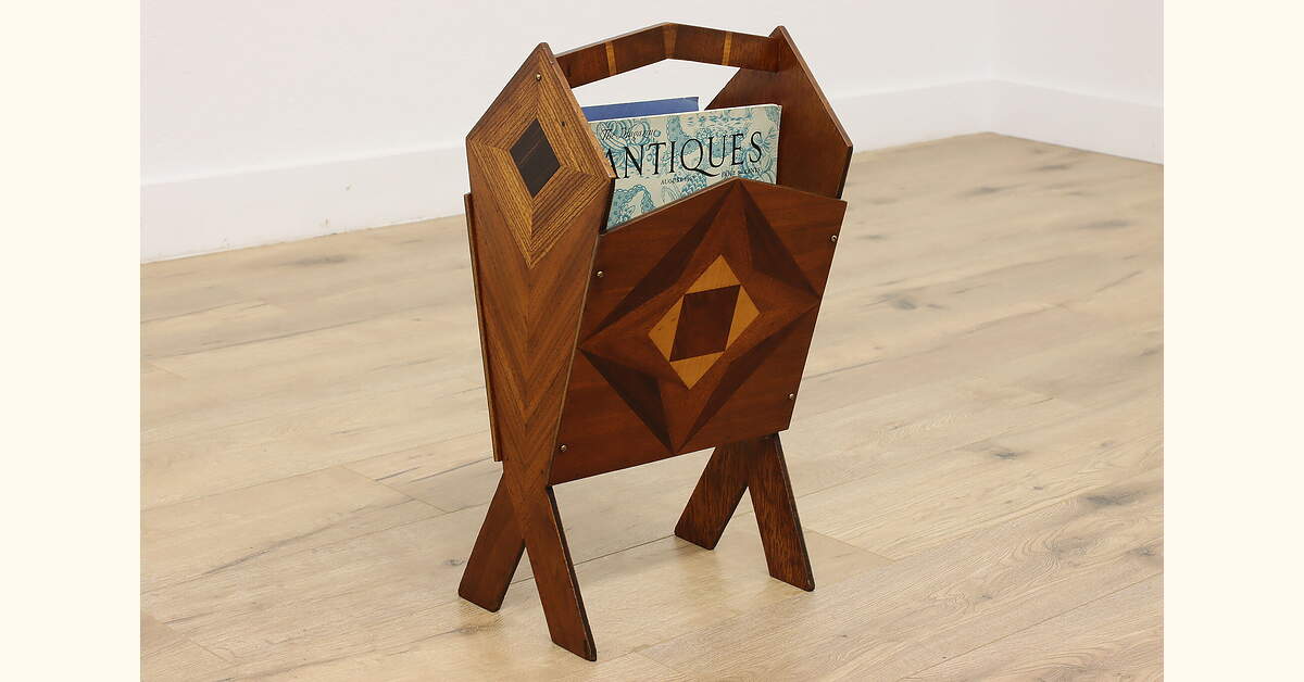 Art Deco Vintage Chairside Magazine or Music Rack, Marquetry