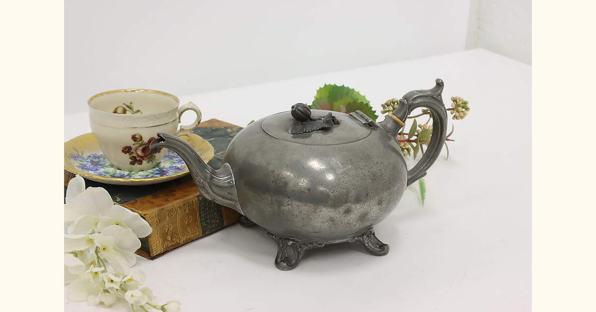 Victorian Antique Pewter Teapot, Pumpkin Lid, Lewis & Co