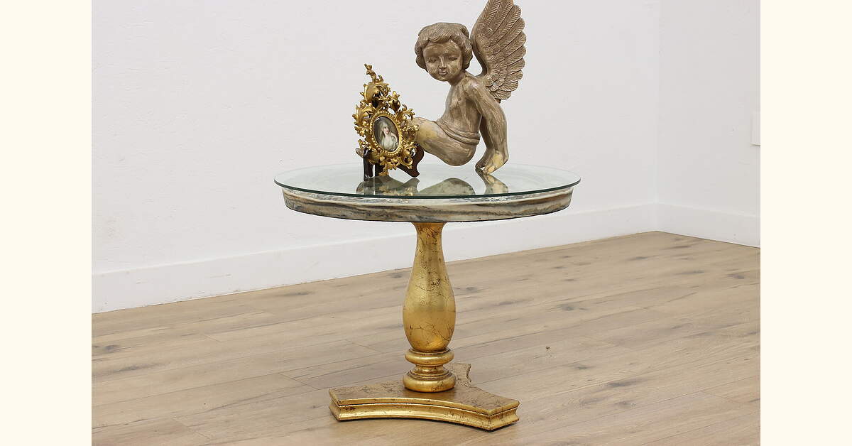 Classical Vintage Cherub Angel Relief Coffee Table Glass Top