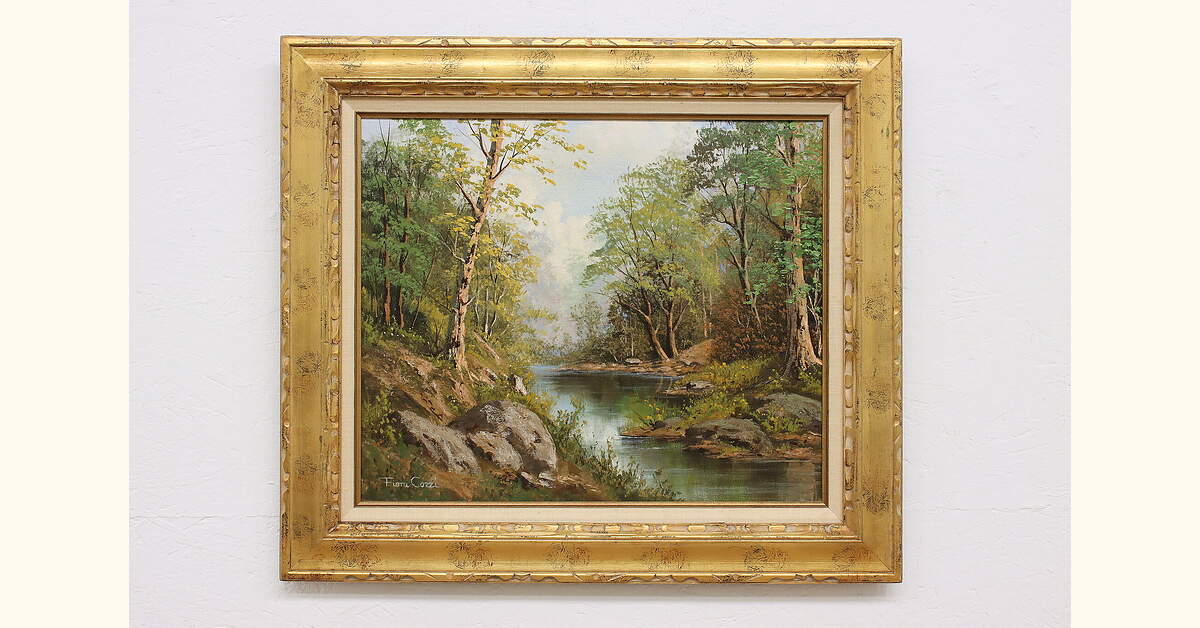油絵　oil painting Springtime Forest Vintage Original Oil Painting, Cozzi 32