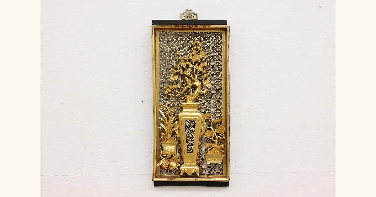 造幣局 飾額（電鋳板）金閣寺 純銅　和室　アンティーク Chinese Vintage Carved Gold Cherry Blossom Wall Plaque