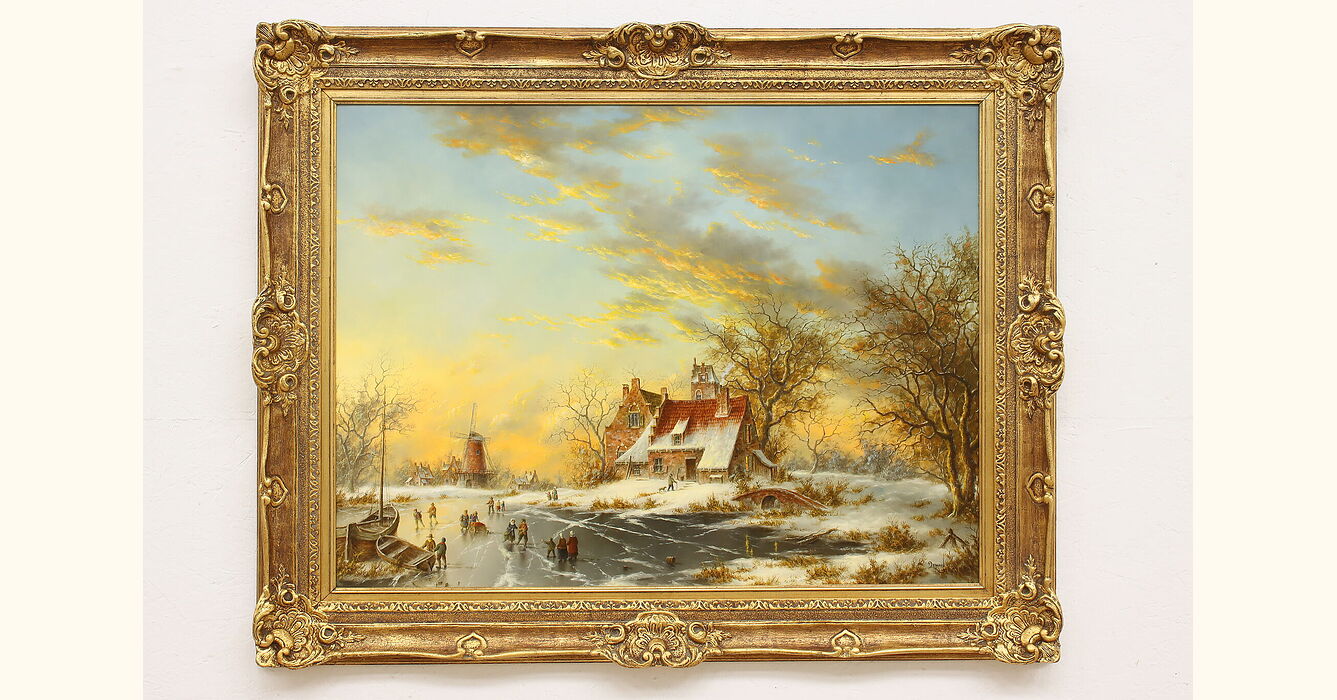 Skating Villagers Vintage Original Oil Painting, Lewan 49