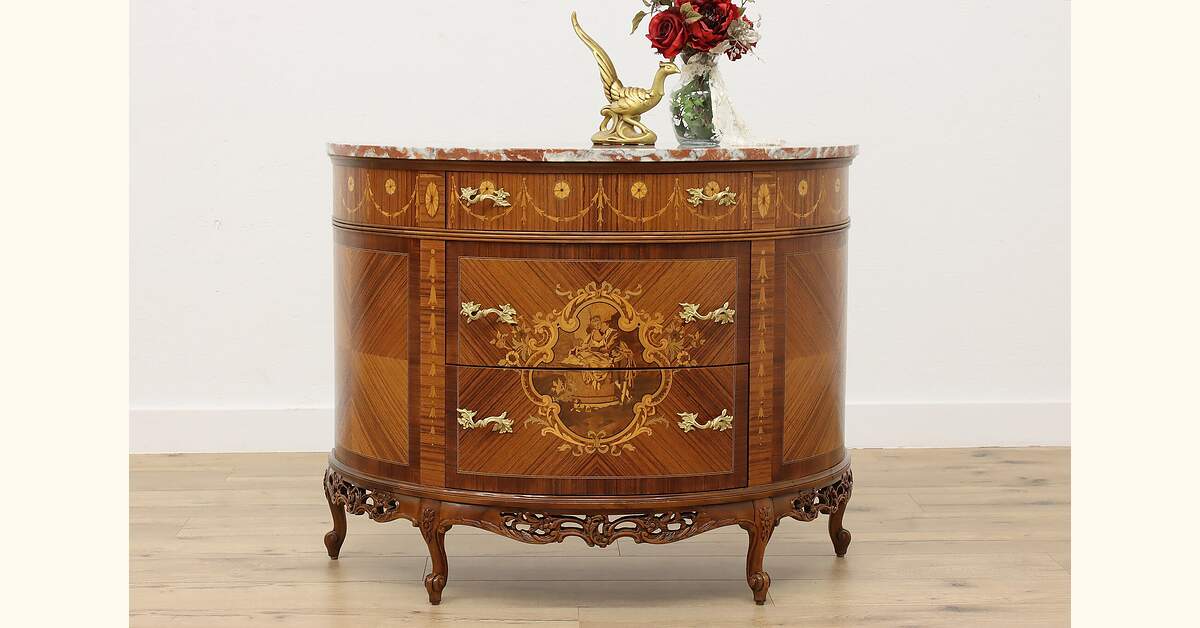French Design Antique Rosewood Marble Demilune Hall Console