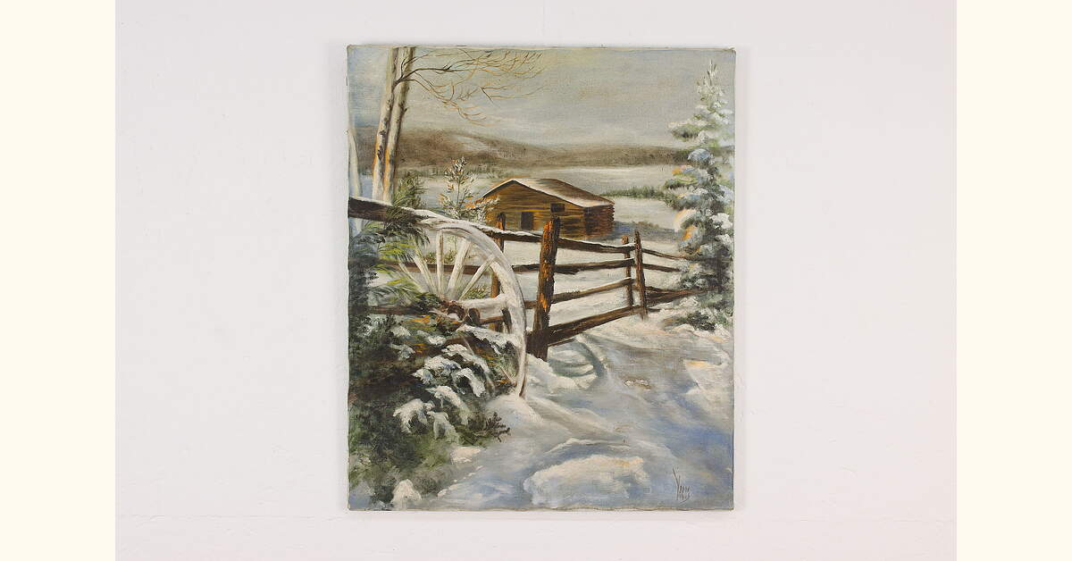 Winter Cabin Vintage Original Oil Painting Signed 24"