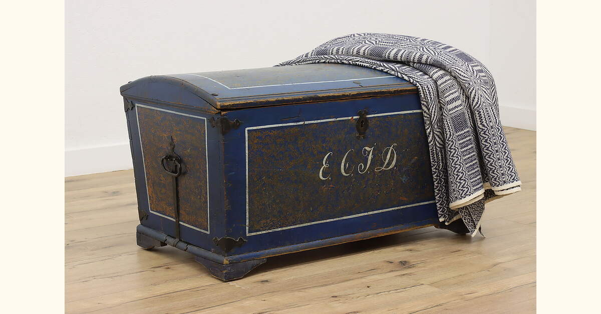 Norwegian Antique 1850s Painted Blue Immigrant Trunk