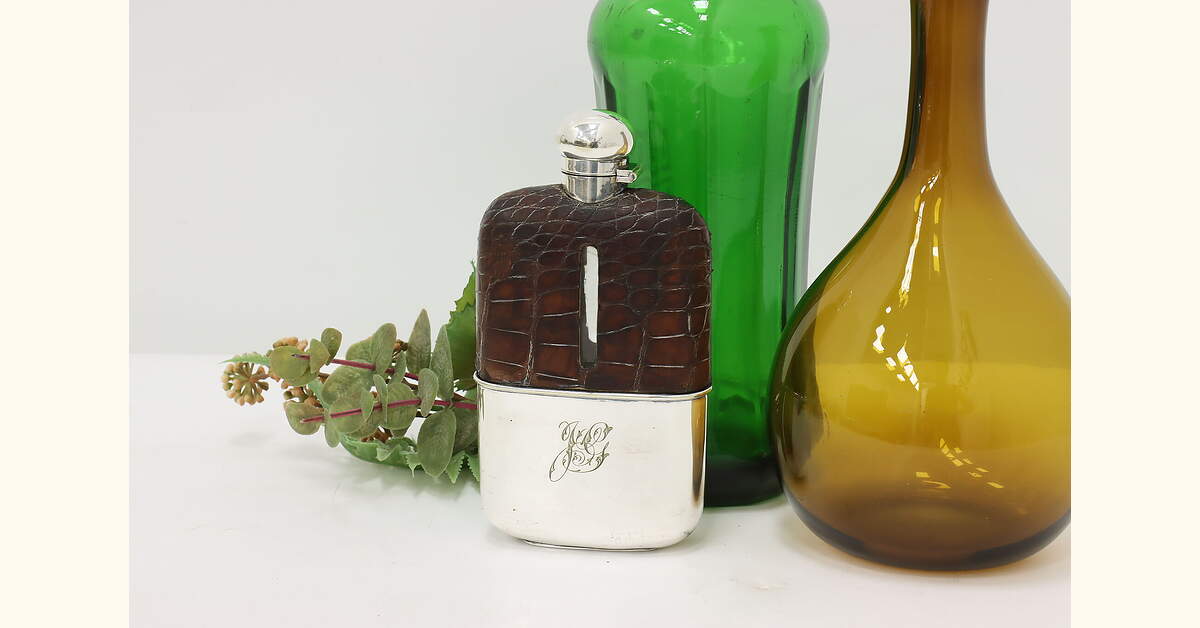 Springfield Mint Flask Silverplate & Leather Antique Monogram Liquor Pocket Flask