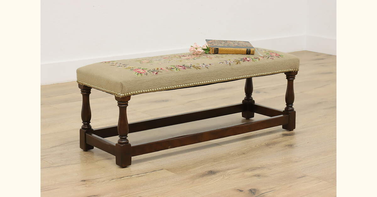 Tudor Design Antique Carved Oak & Needlepoint Bench, Flowers