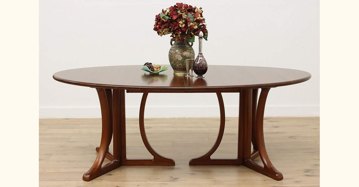 Midcentury Modern Vintage Oval Cherry Dining Table, 2 Leaves