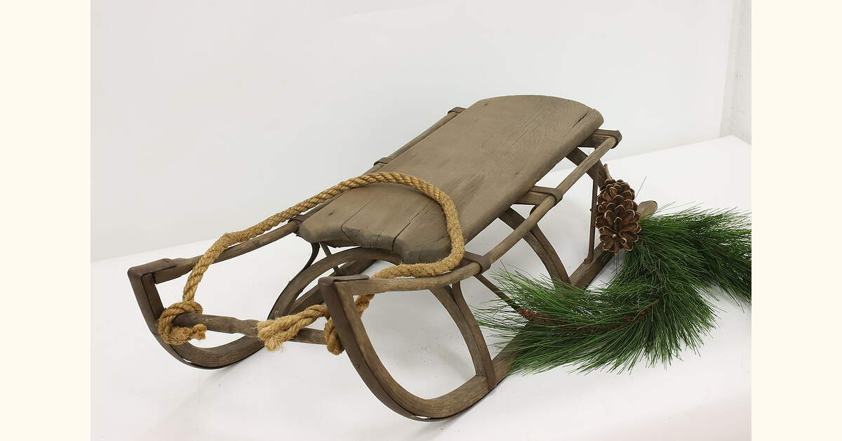 Farmhouse Antique Elm & Iron Child Snow Sled, Rope Pull
