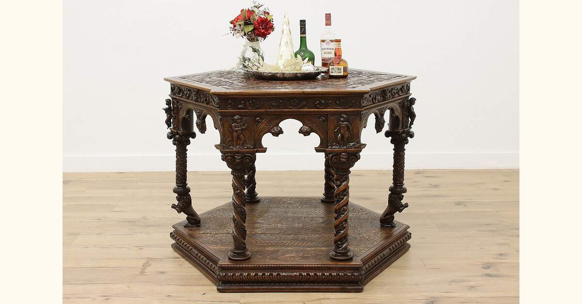 Italian Antique Walnut Center Table, Carved Angels & Lions