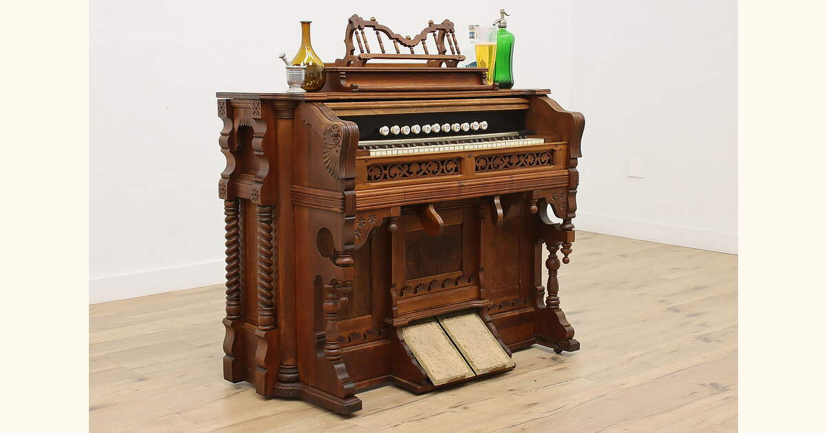 Mini Reed Organ Victorian Antique Carved Walnut Reed or Pump Organ