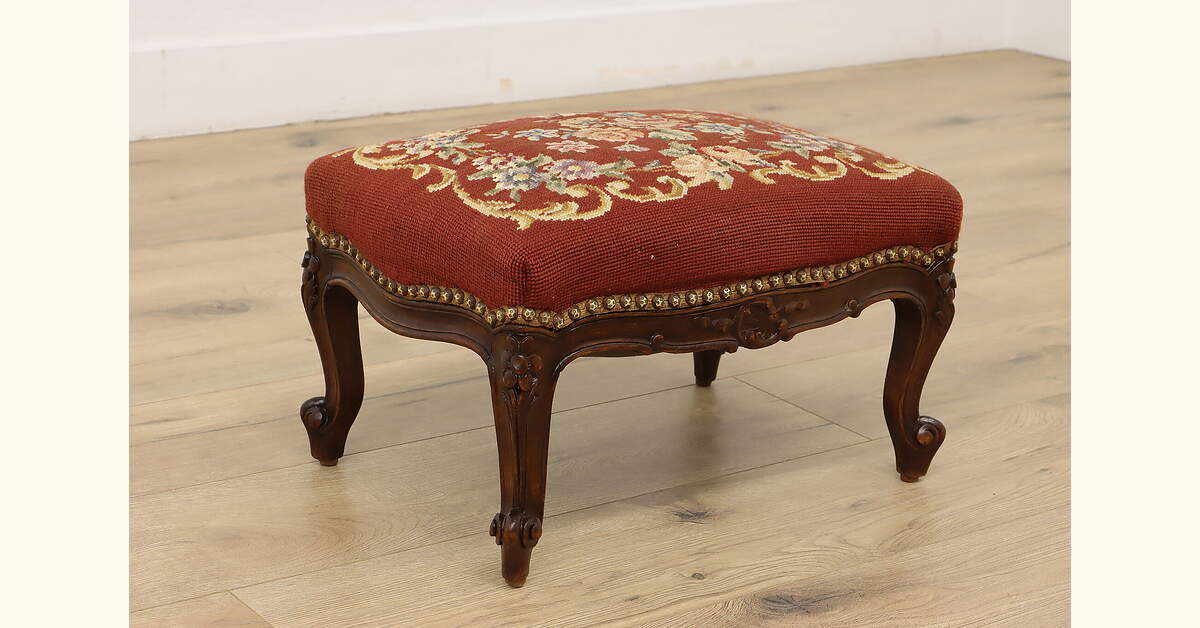 Country French Carved Walnut Antique Stool, Floral Detail