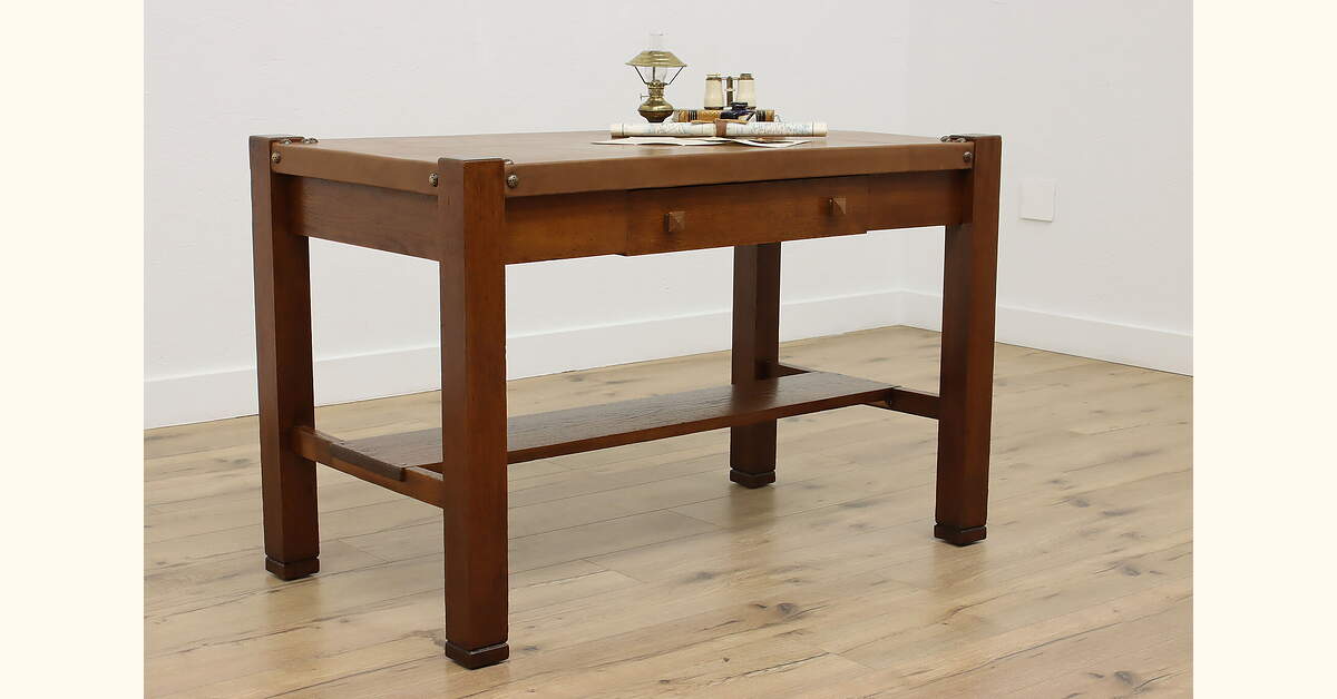 Arts Crafts Mission Oak Leather Antique Library Table Desk