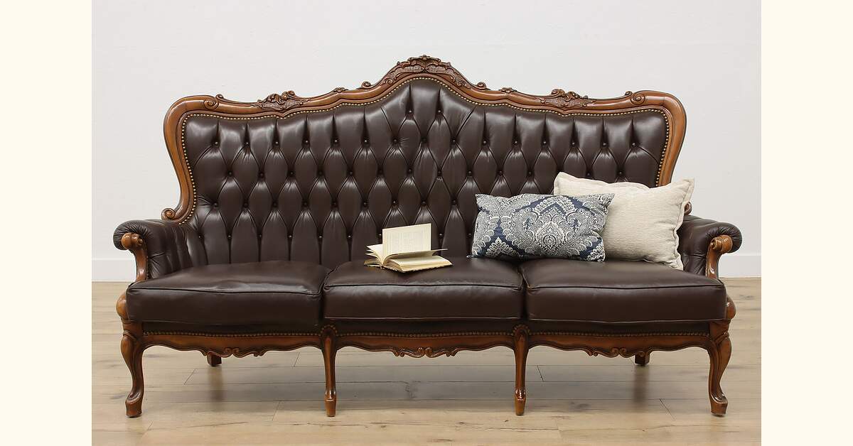 Leather Ferri Salotti Rococo Vintage Carved Tufted Leather Sofa Or
