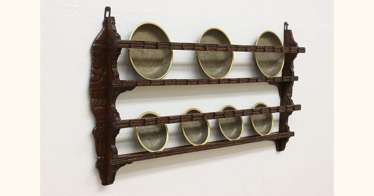 Medieval Plate Rack Renaissance Design Oak Antique Plate Rack, Carved Faces 46