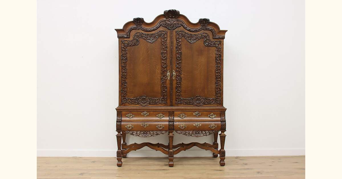 Dutch Antique Oak Cabinet Armoire Wardrobe Carved Flowers