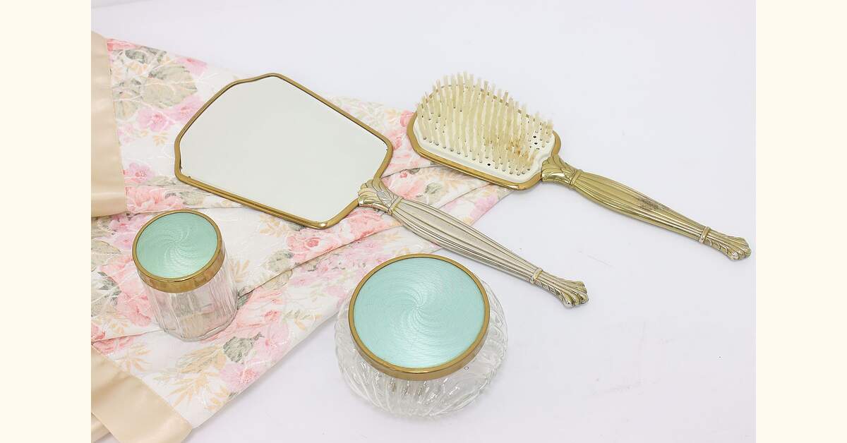 Antique Art Deco Brass Hand Mirror and Hair Brush Vanity Set Vintage Vanity Hand Mirrors and Hair Brush Set of 3 with  main image 4
