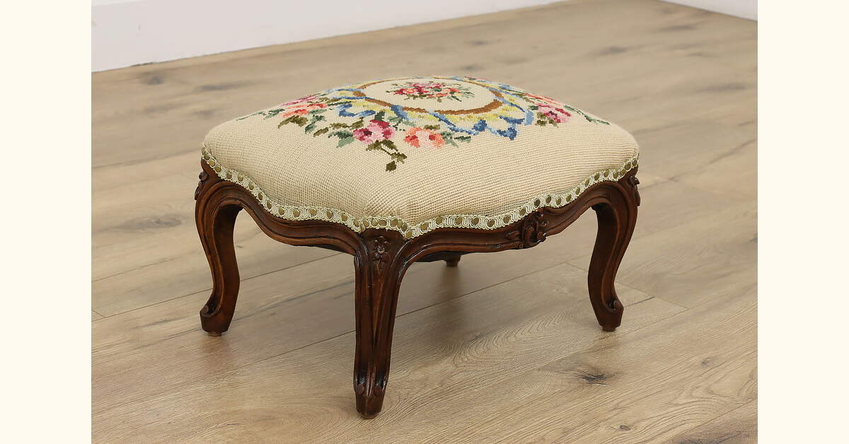 Country French Antique Floral Needlepoint Walnut Footstool