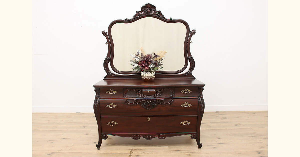 French Design Antique Mahogany Dresser or Chest & Mirror