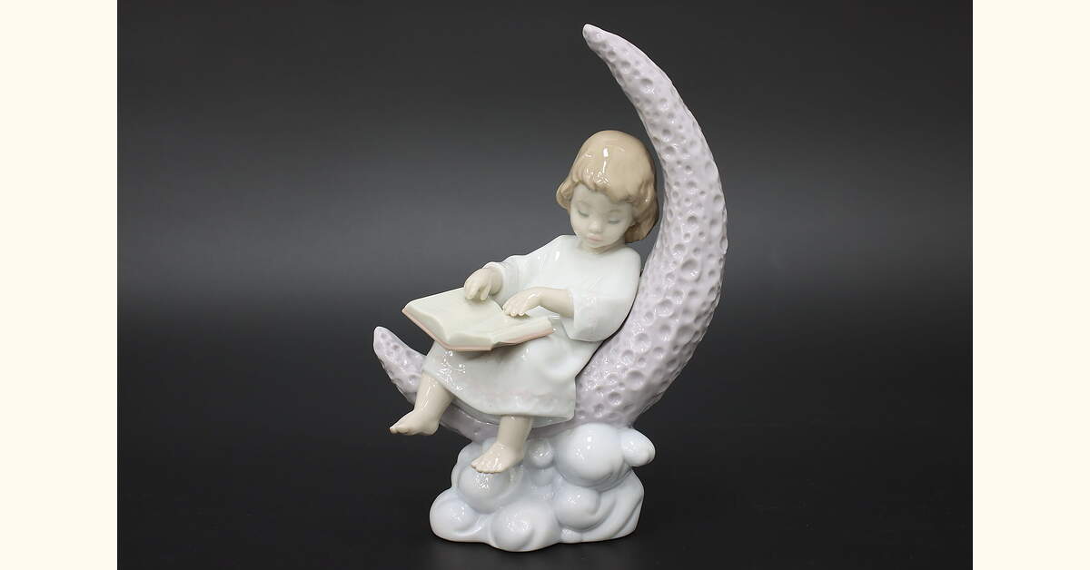 Spanish Vintage Glazed Porcelain Child on Moon Statue Lladro
