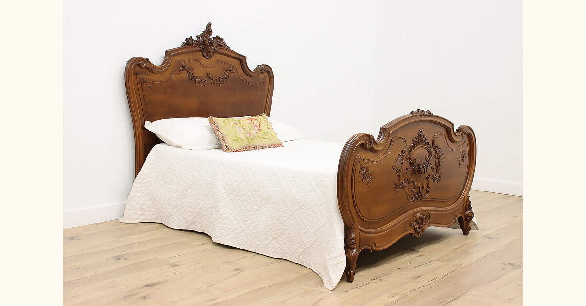 French Louis XV Antique Walnut Full Size Bed, Carved Flowers