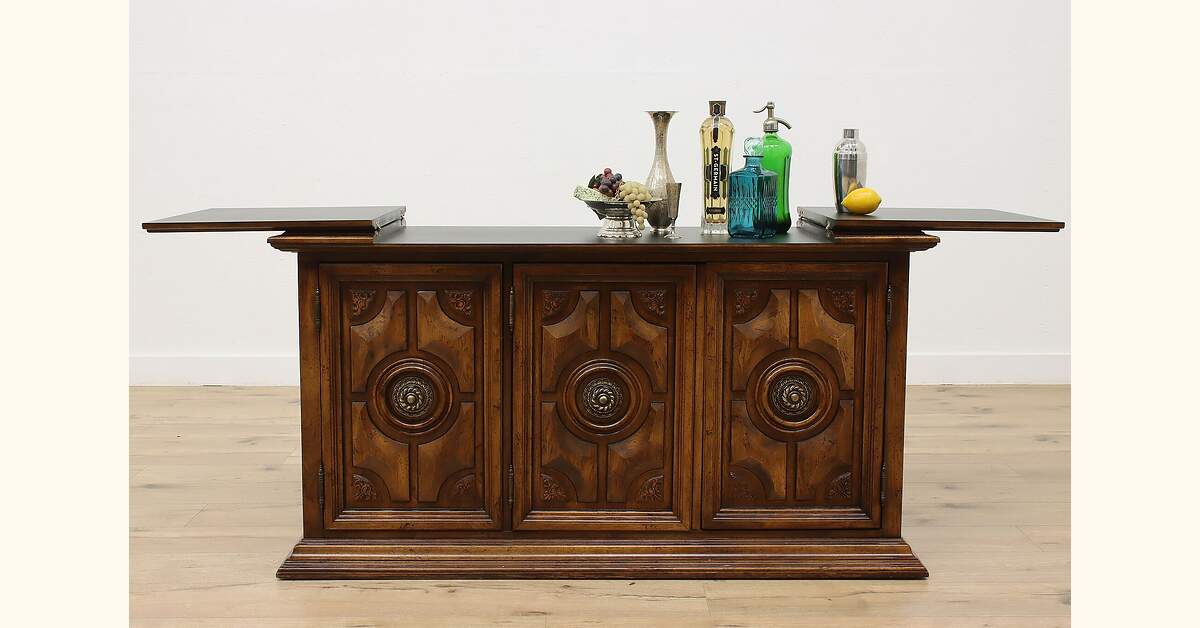 Tudor Vintage Carved Chestnut Flip Top Bar Cabinet or Server