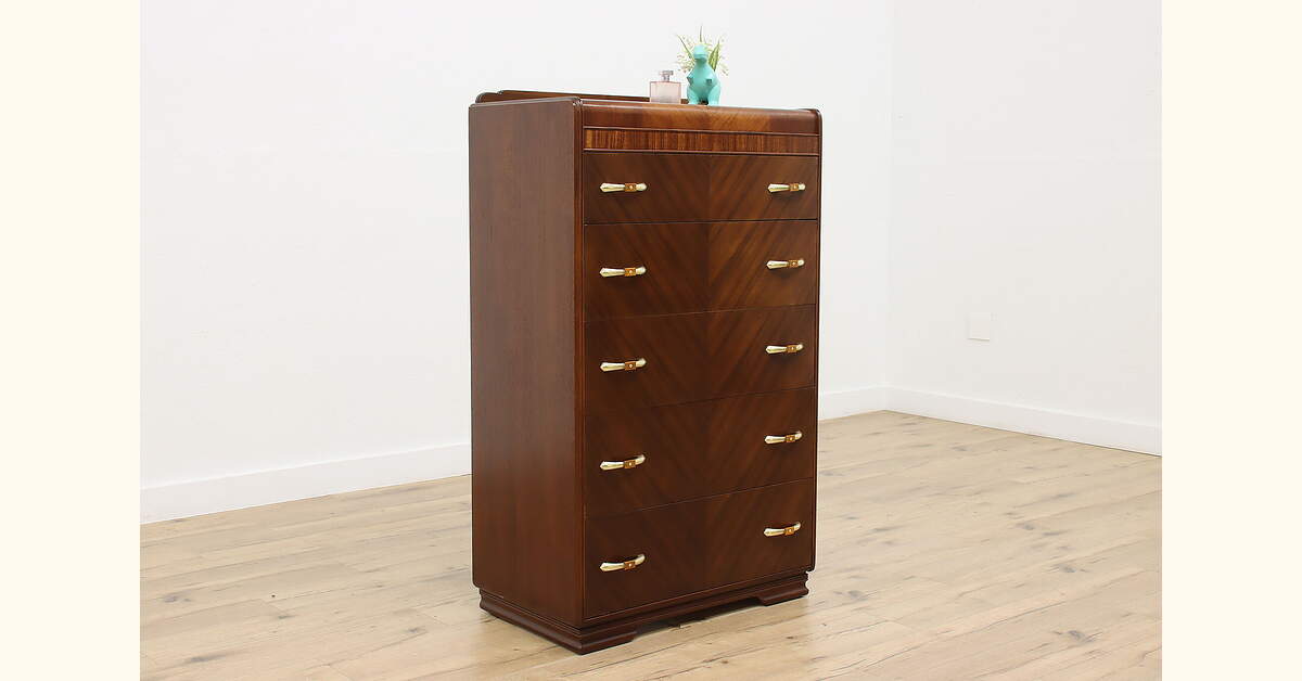 Art Deco Vintage Waterfall Walnut Tall Chest Bakelite Pulls