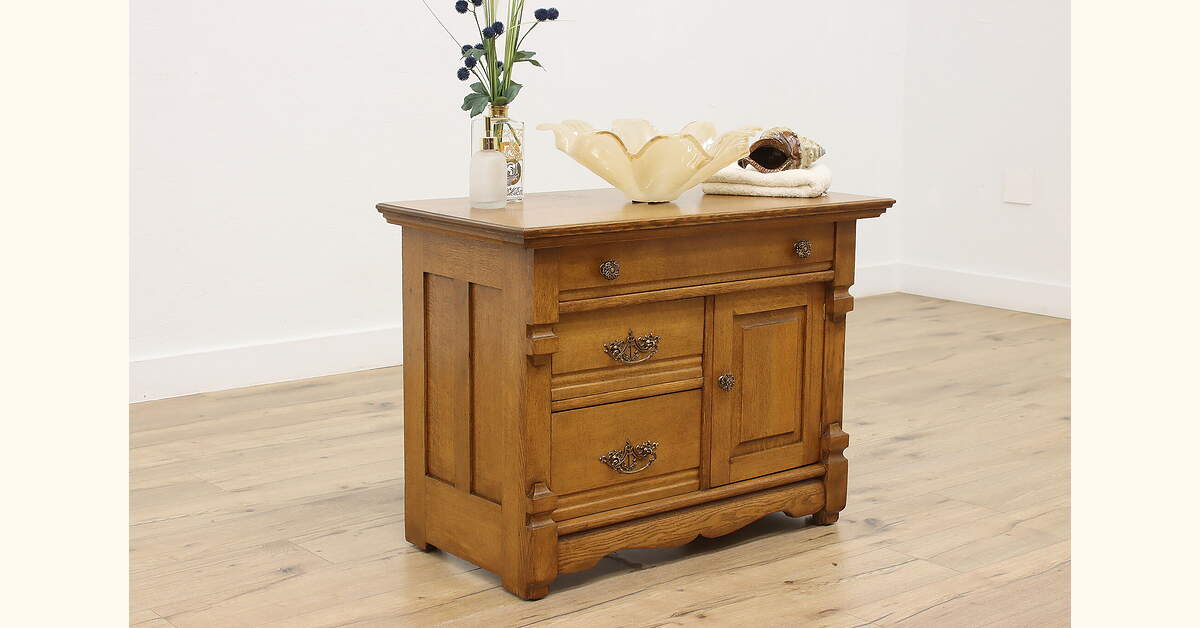 Victorian Antique Carved Oak Nightstand Hall or Bath Chest