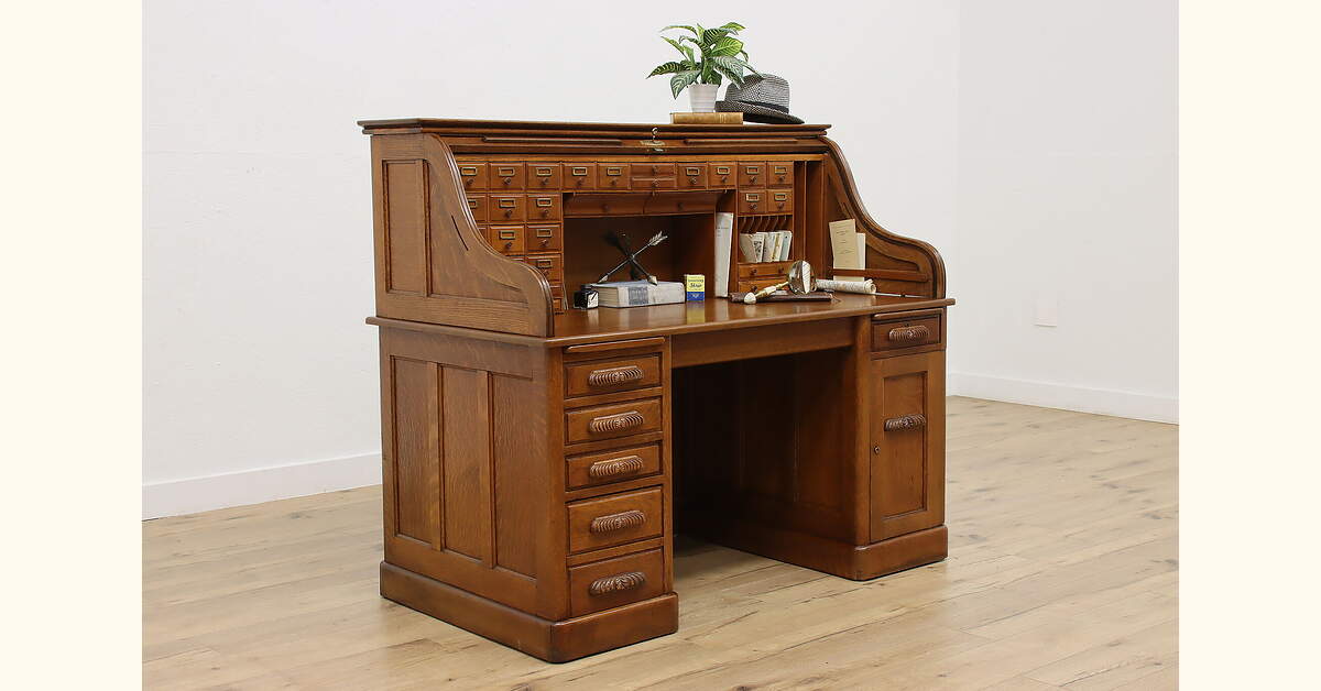 Victorian Antique Oak Roll Top Desk Rotary File Grand Rapids