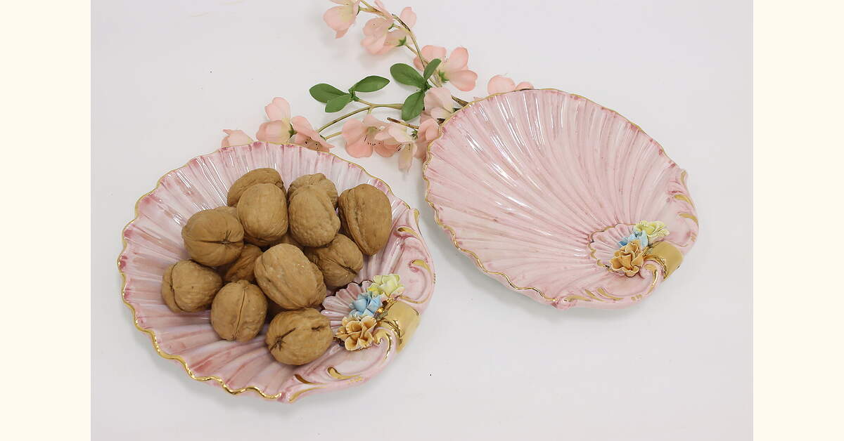 Pair of Italian Vintage Pink Seashell Plates with Flowers
