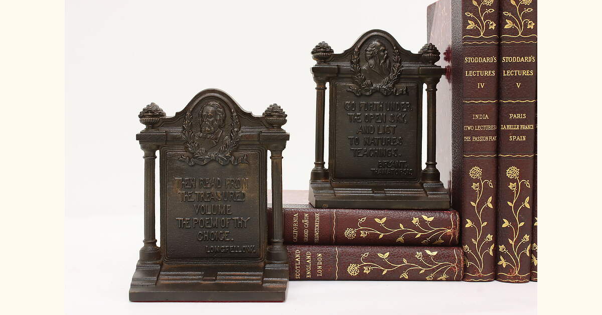 Pair Antique Longfellow Bryant Poetry Bookends, B&H