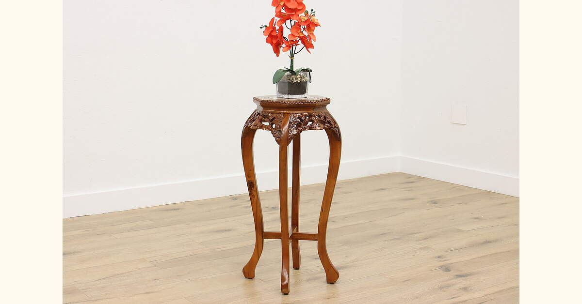 Chinese Vintage Carved Mahogany Plant Stand, Marble Top