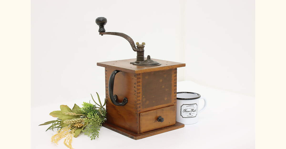 Farmhouse Antique Douglas Fir & Cast Iron Coffee Grinder