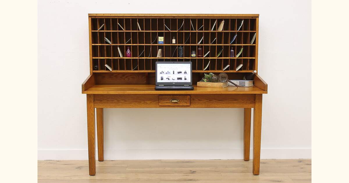 File Cubby Post Office Vintage Oak 100 Cubby File Cabinet & Desk Signed