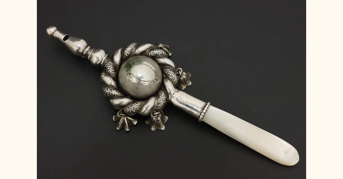 Victorian Antique Sterling Silver & Pearl Handle Baby Rattle
