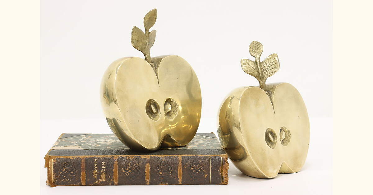 Pair of Vintage Solid Brass Sliced Apple Bookends, Gatco
