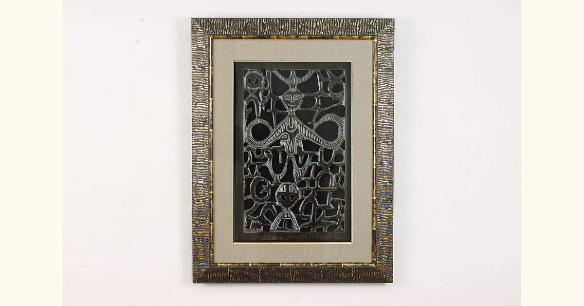 African Vintage Hand Carved Figures Panel Framed 25