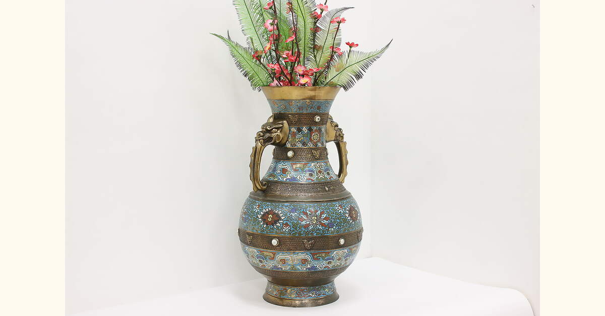 Vase Cloisonné Japonais – Urne Métal émail Rose Et Rouge, Décor Bleu