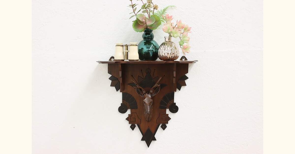 Victorian Eastlake Antique Walnut Wall Shelf, Carved Stag