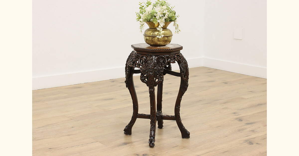 Asian Carved Rosewood Antique Marble Top Plant Statue Stand