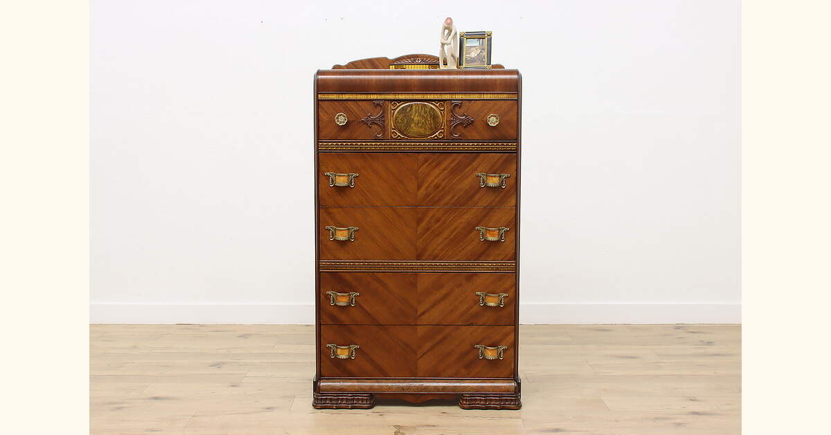 Art Deco Vintage Waterfall Walnut Dresser or Chest Bakelite